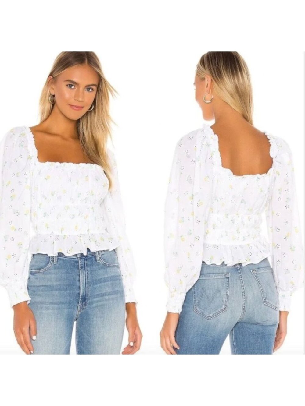 FOR LOVE & LEMONS  Smocked Floral Eyelet Cropped Azalea Top Size Small‎